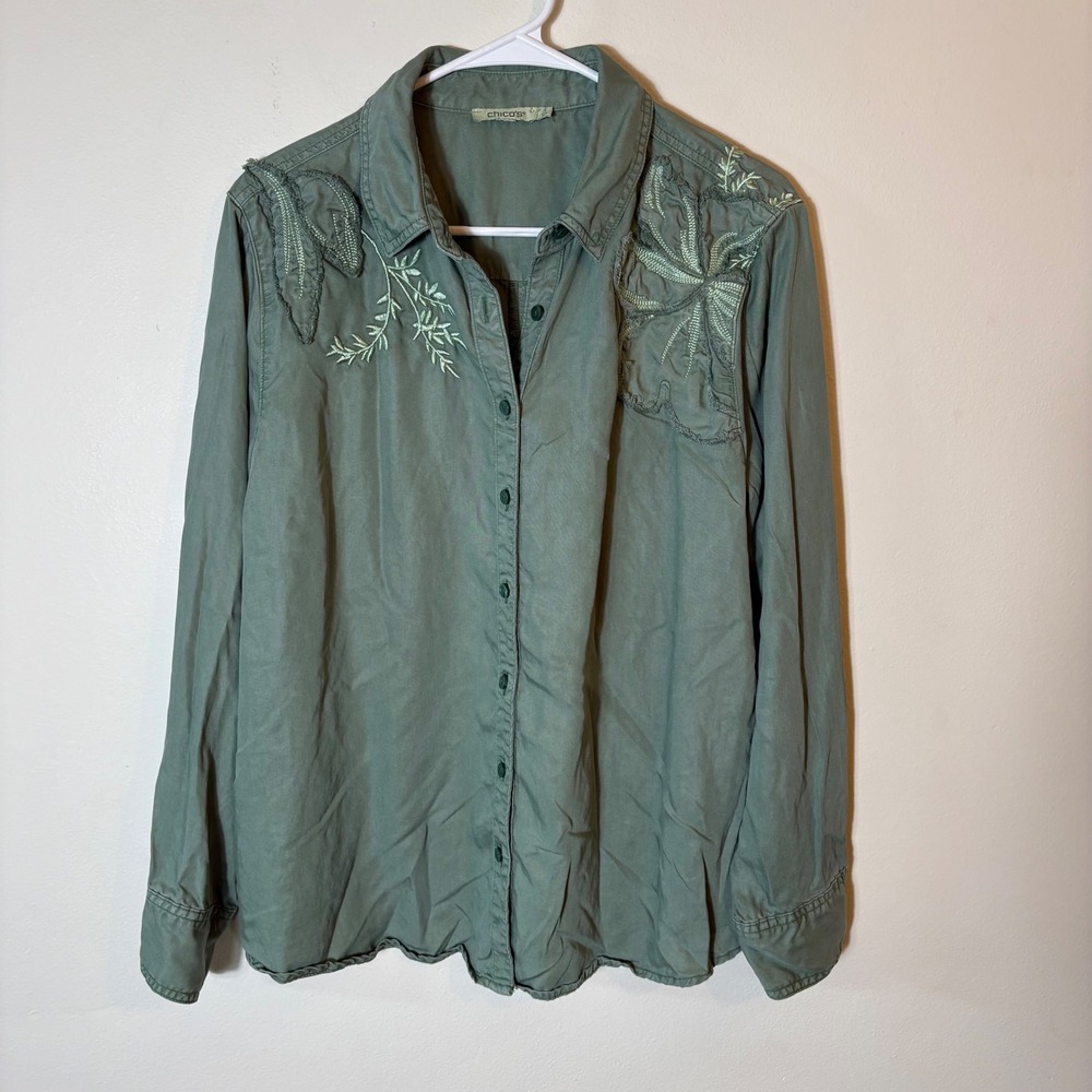 Chicos Embroidered Olive‎ Green Button Down Long Sleeve Top Size 3/US 16